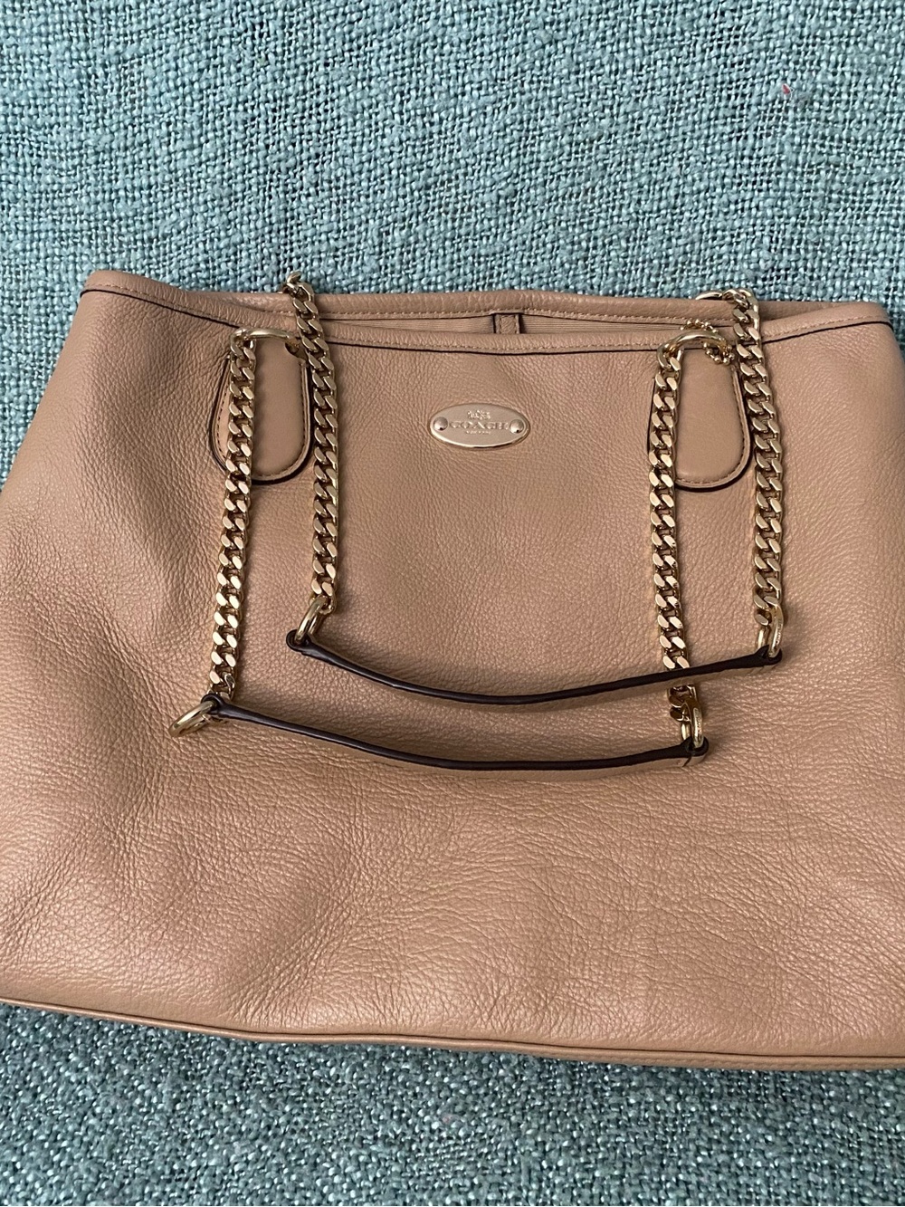 Coach Pebbled Leather Shoulder Tote in Beige with Gold Chain Straps